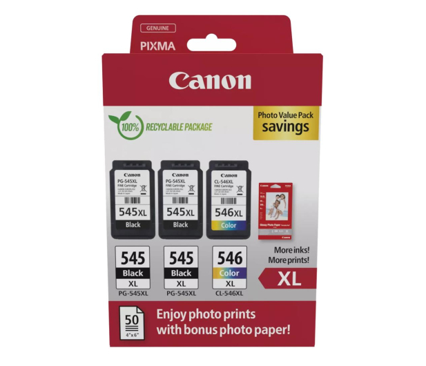 Canon Zestaw 3 tuszów PG-545XL x 2 + CL-546XL x 1 + papier foto 50 - 1227040 - zdjęcie